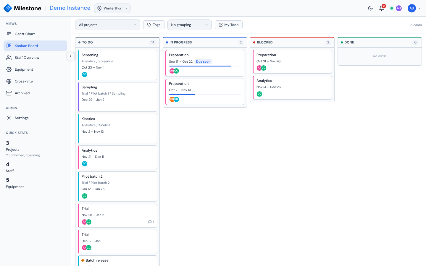 Kanban board with the project picker, tag filter, grouping and My Todo toggle
