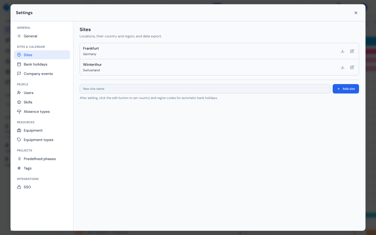 Sites list with edit and Excel-export actions