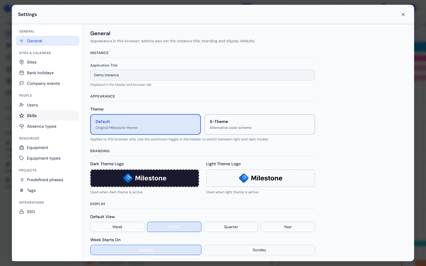 Settings window — instance title, theme picker, branding logos, and display defaults