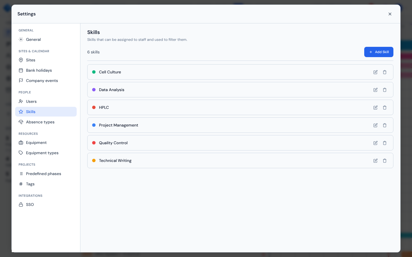 Skills list — colored skills with edit and delete actions